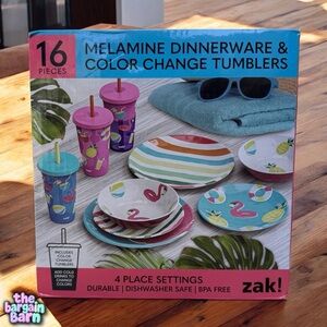 ZAK! 16pc Pink Flamingo Summer Melamine Color Change Tumblers Dinner Set (NIB)